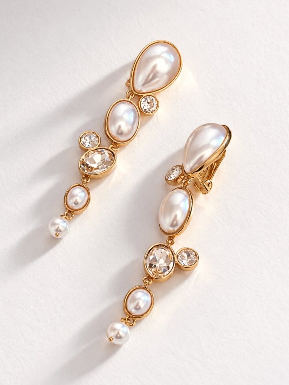Oscar de la Renta Gold Tone Pearl & Crystal Statement Linear Drop Earrings